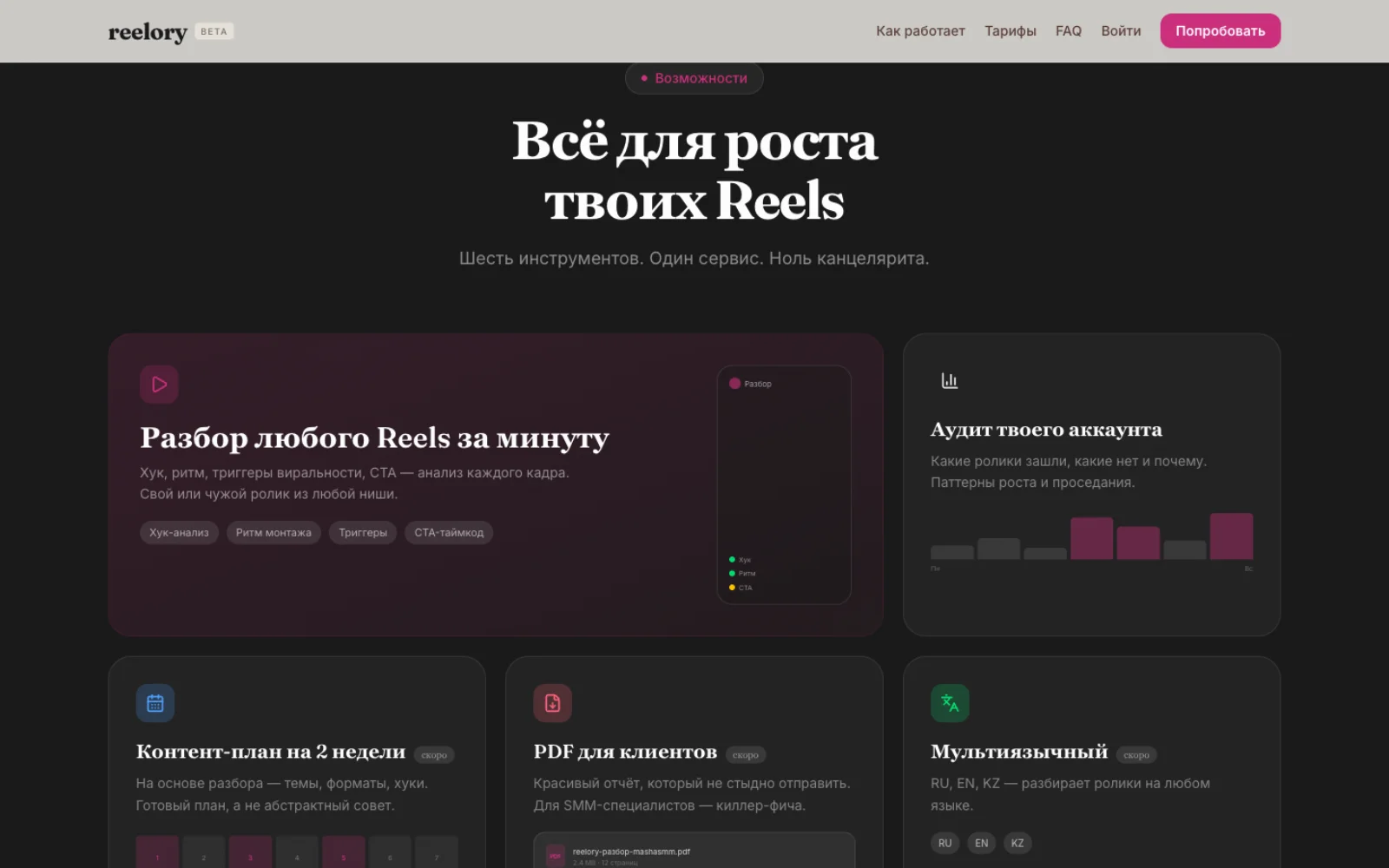 Сетка возможностей: разбор Reels, аудит аккаунта, контент-план, PDF, мультиязычность